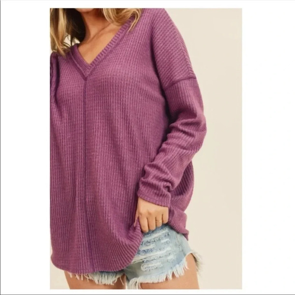 Oversized Plum Waffle Knit V-Neck Top | Soft Brushed Long Sleeve Pullover - Picture 6 of 7